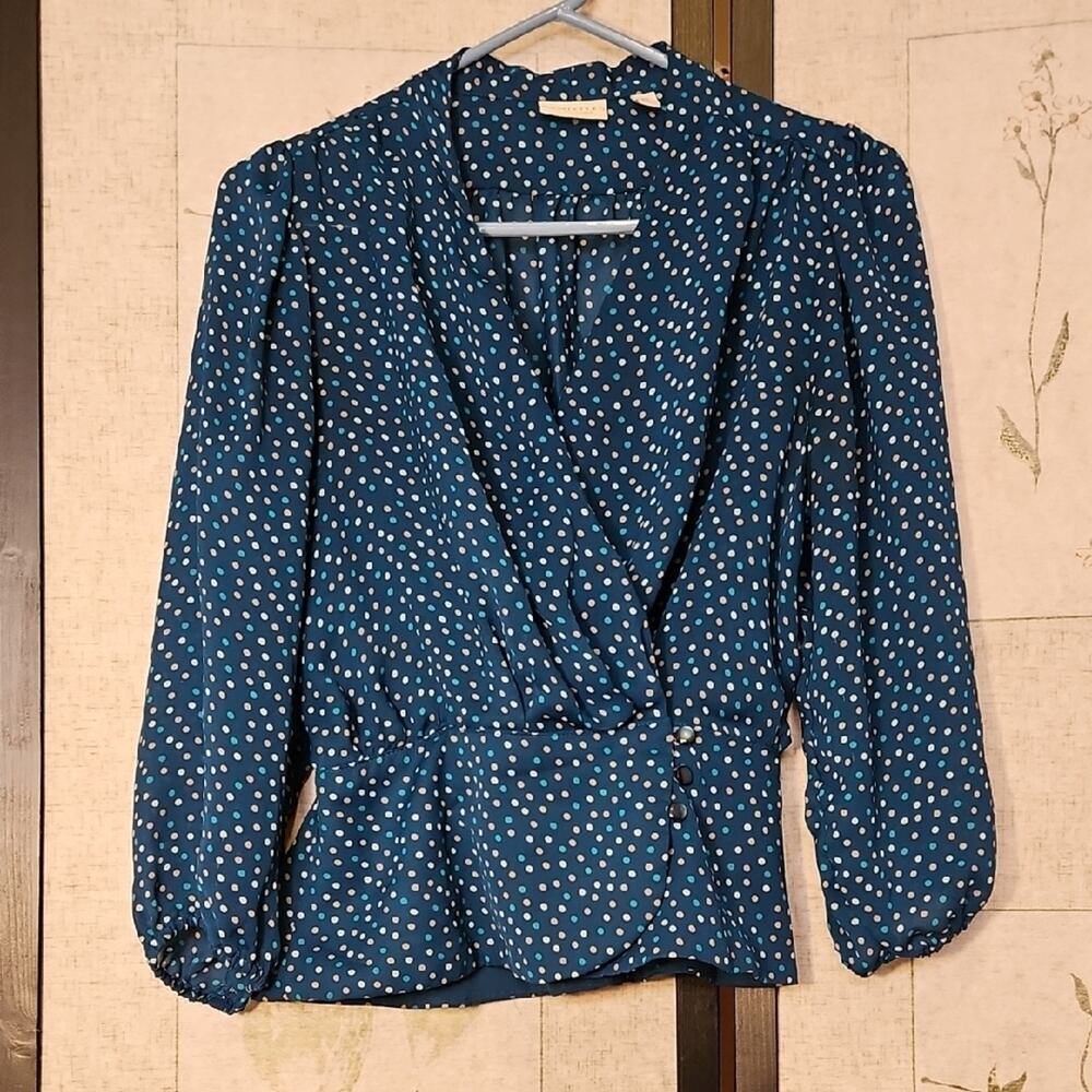 Eva Mendes Blue Puff Sleeve Wrap Blouse